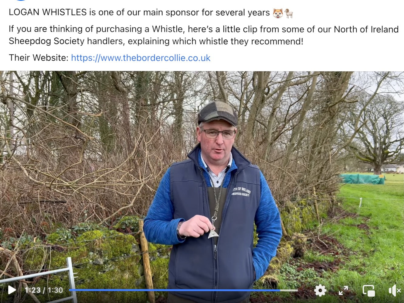 Sheepdog handler in a video screenshot recommending Logan Whistles for working dog commands.