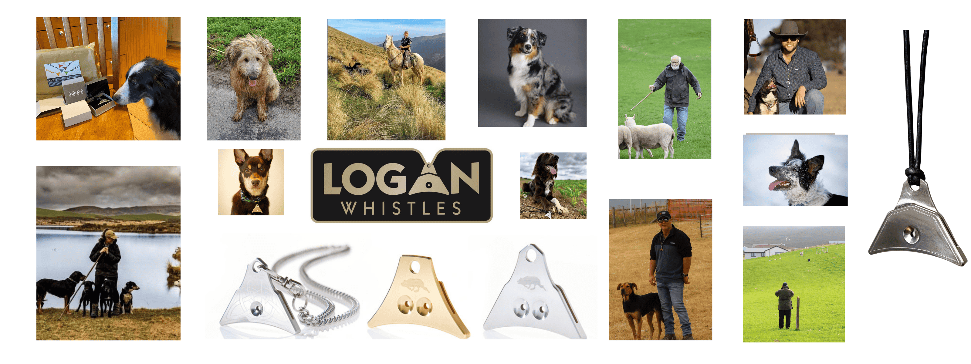 Collage of images featuring dogs, a person, and various whistles with 'Logan Whistles' branding.