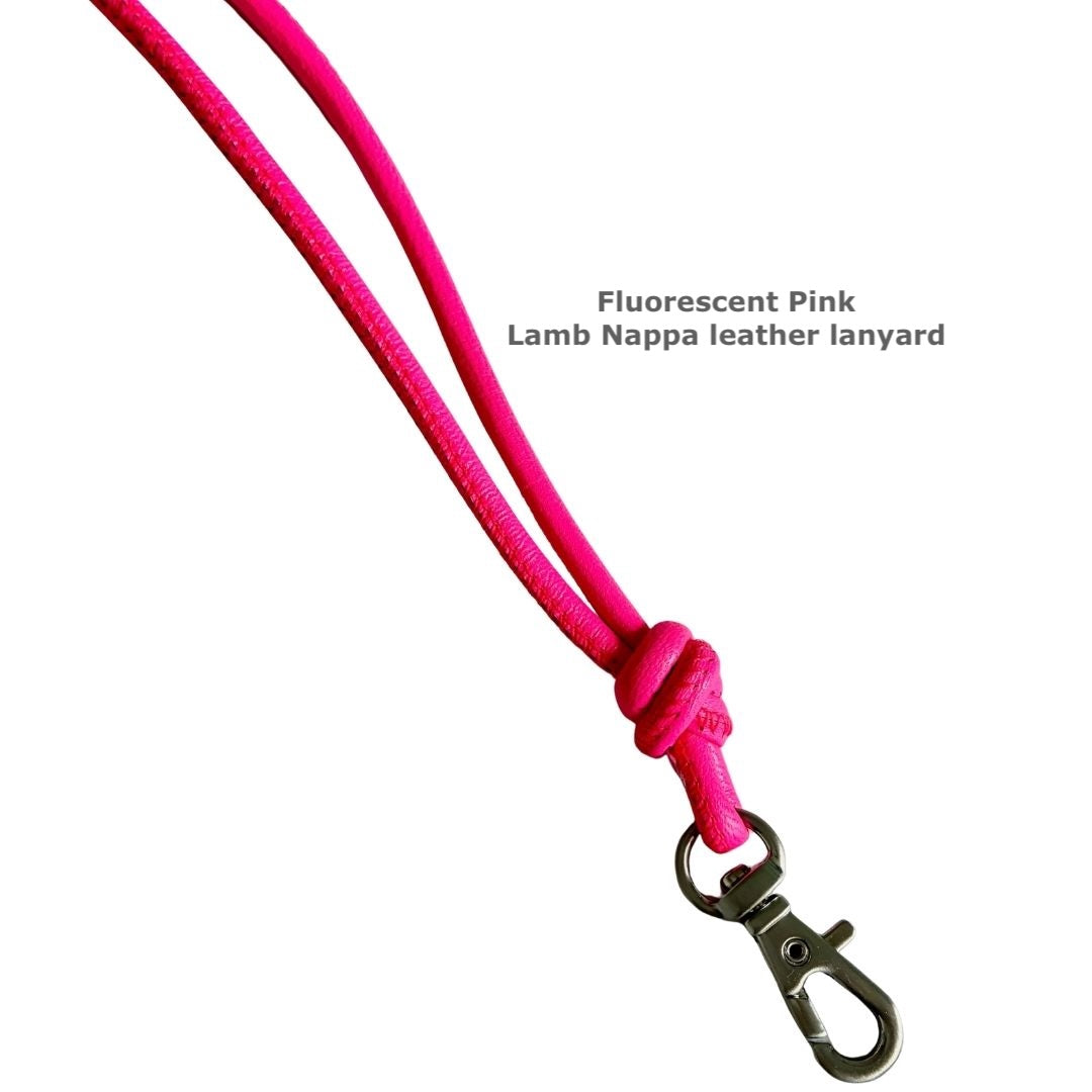 Fluorescent pink lamb nappa leather lanyard with metal swivel clip on a white background