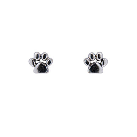 Pair of silver paw print earrings on a white background