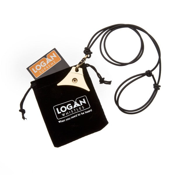 Logan Supreme brass whistle with lanyard and velvet pouch