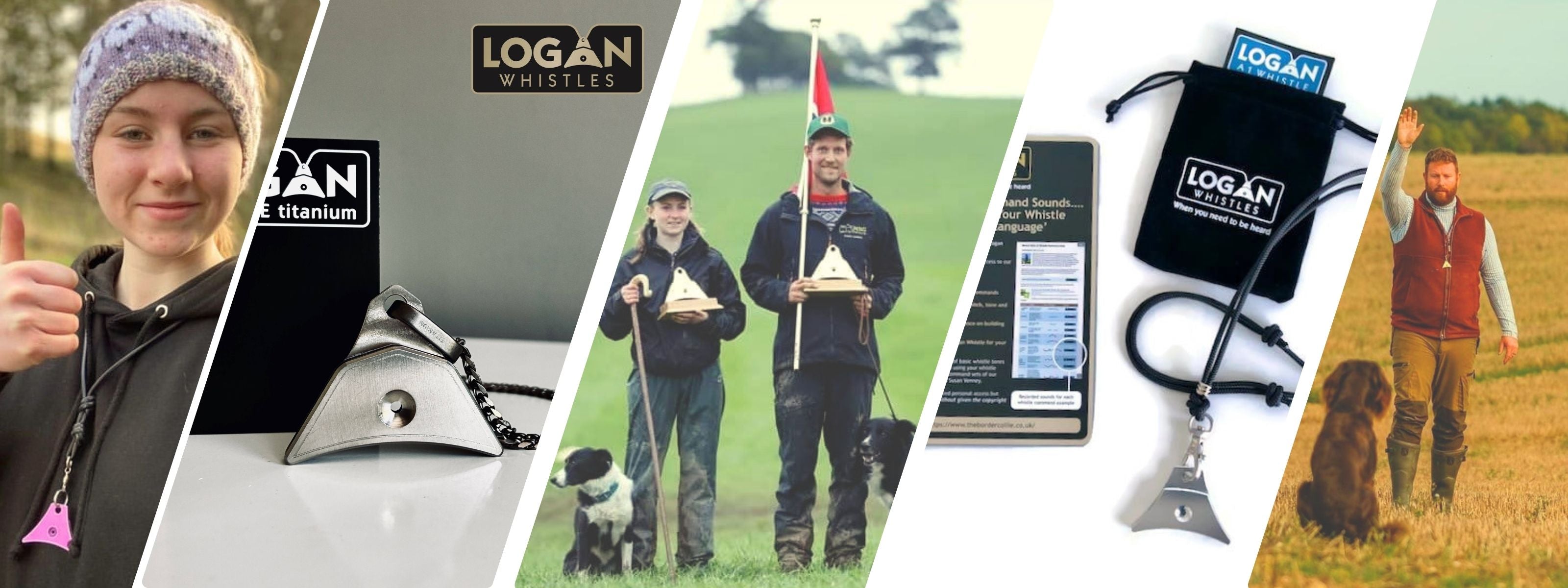 Collage of images featuring LOGAN whistles and related products with people outdoors.