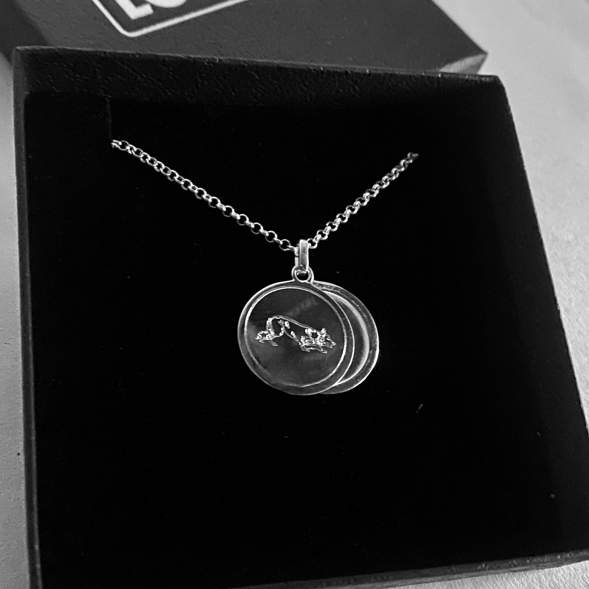 Silver necklace with a pendant engraved with Border Collie image on a black background