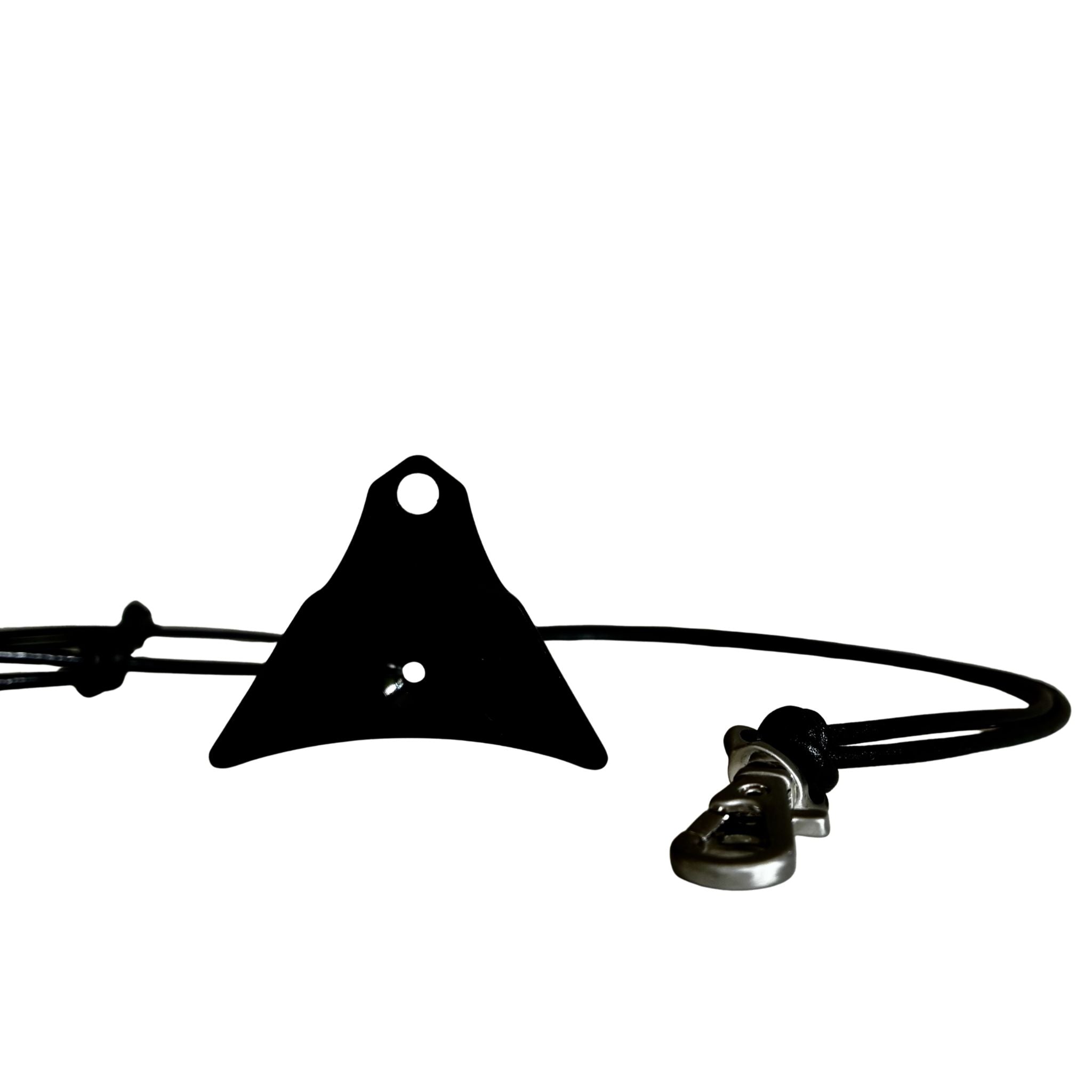 A black anodised Logan ventura sheepdog whistle attached to a black cord lanyard with a silver swivel clip, shown next to a silver label 'LOGAN VENTURA' on a white background.
