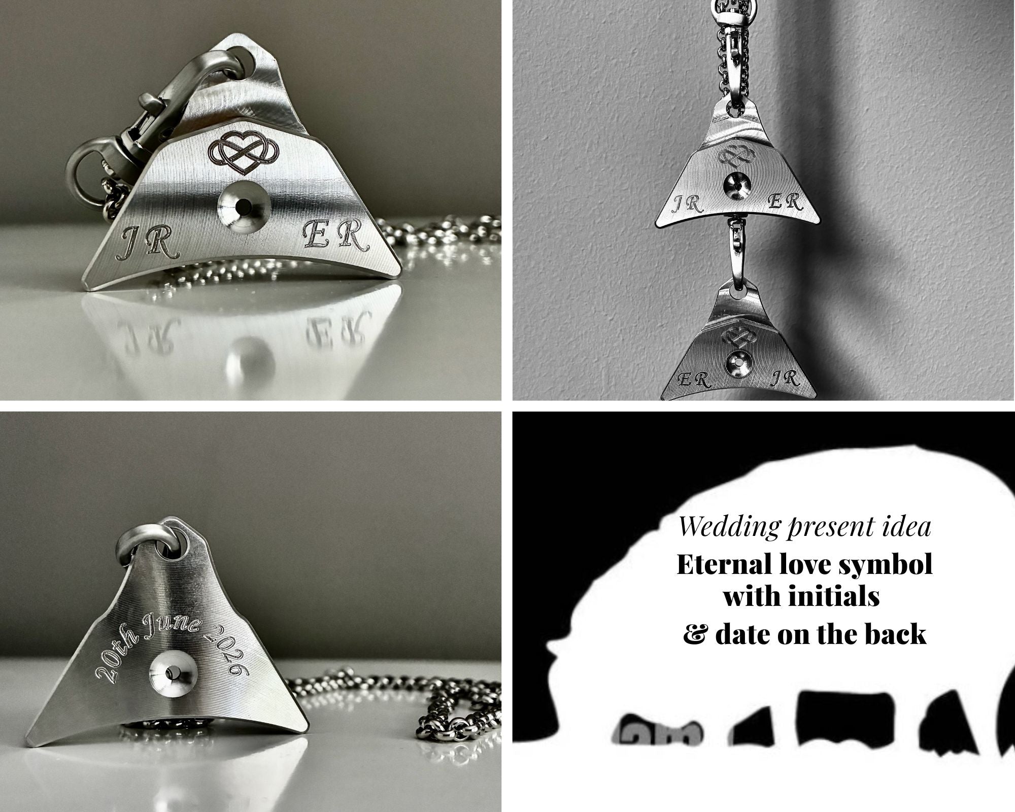 A collage of engraved Logan Whistles with eternal love symbol and initials. One panel includes a black-and-white silhouette graphic with text reading 'Wedding present idea Eternal love symbol with initials & date on the back.