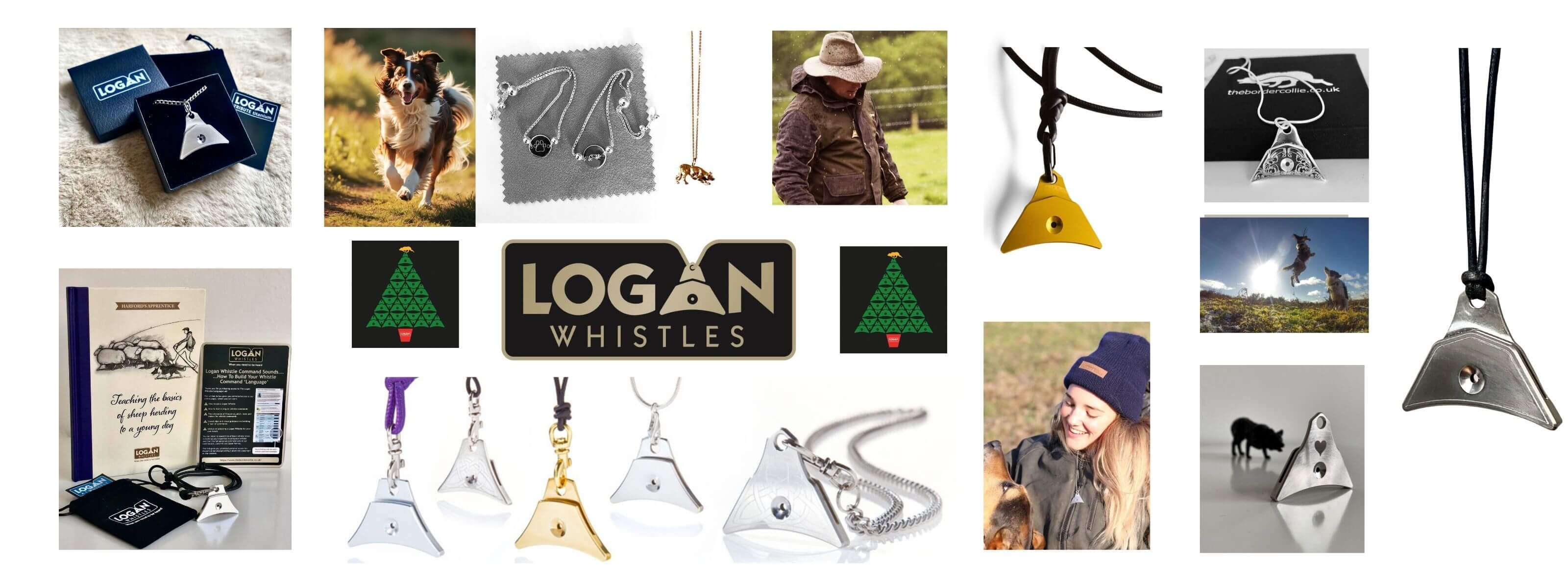 Collage of various whistles with 'Logan Whistles' branding and different designs.