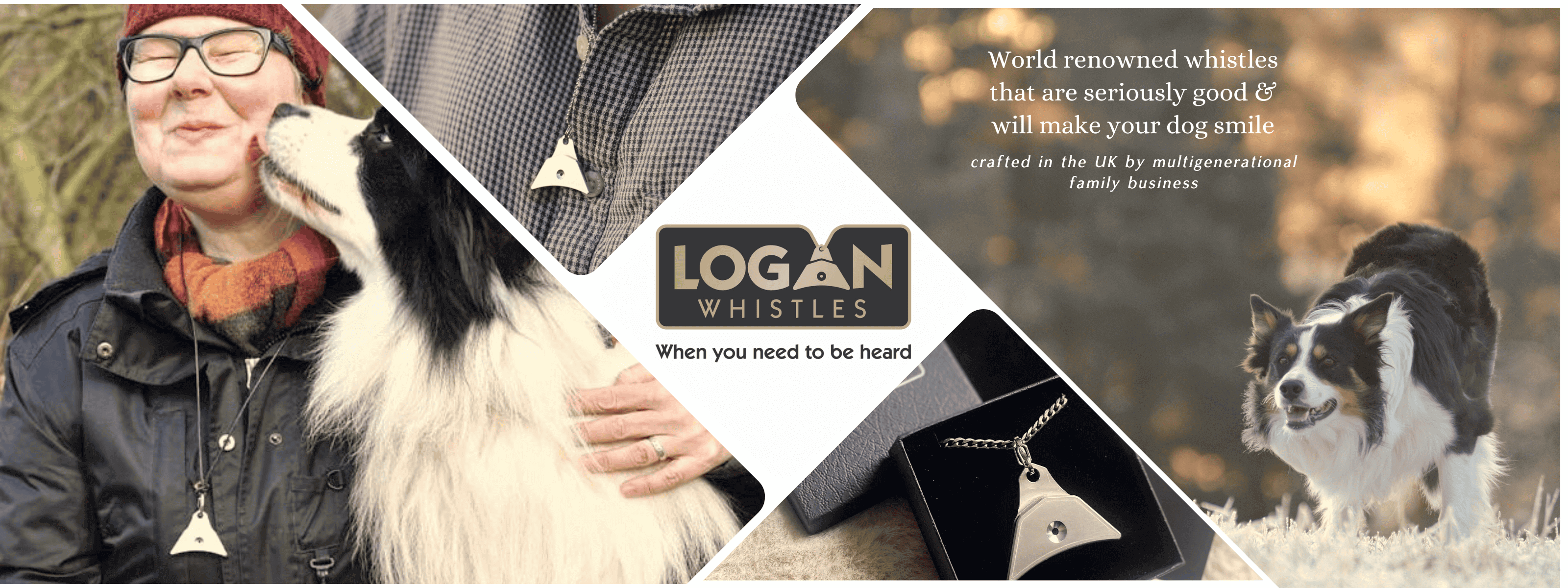 Logan Whistles featuring a person with a dog and product packaging.